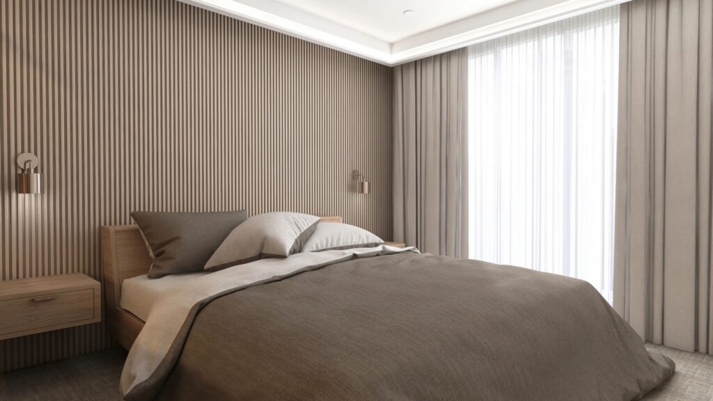 Modern luxury bedroom with warm wood and island-inspired calm