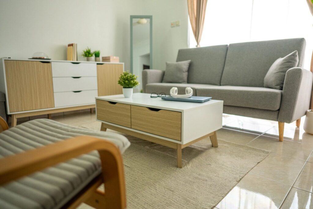 Soft neutral living room interior with warm Caribbean-inspired tones