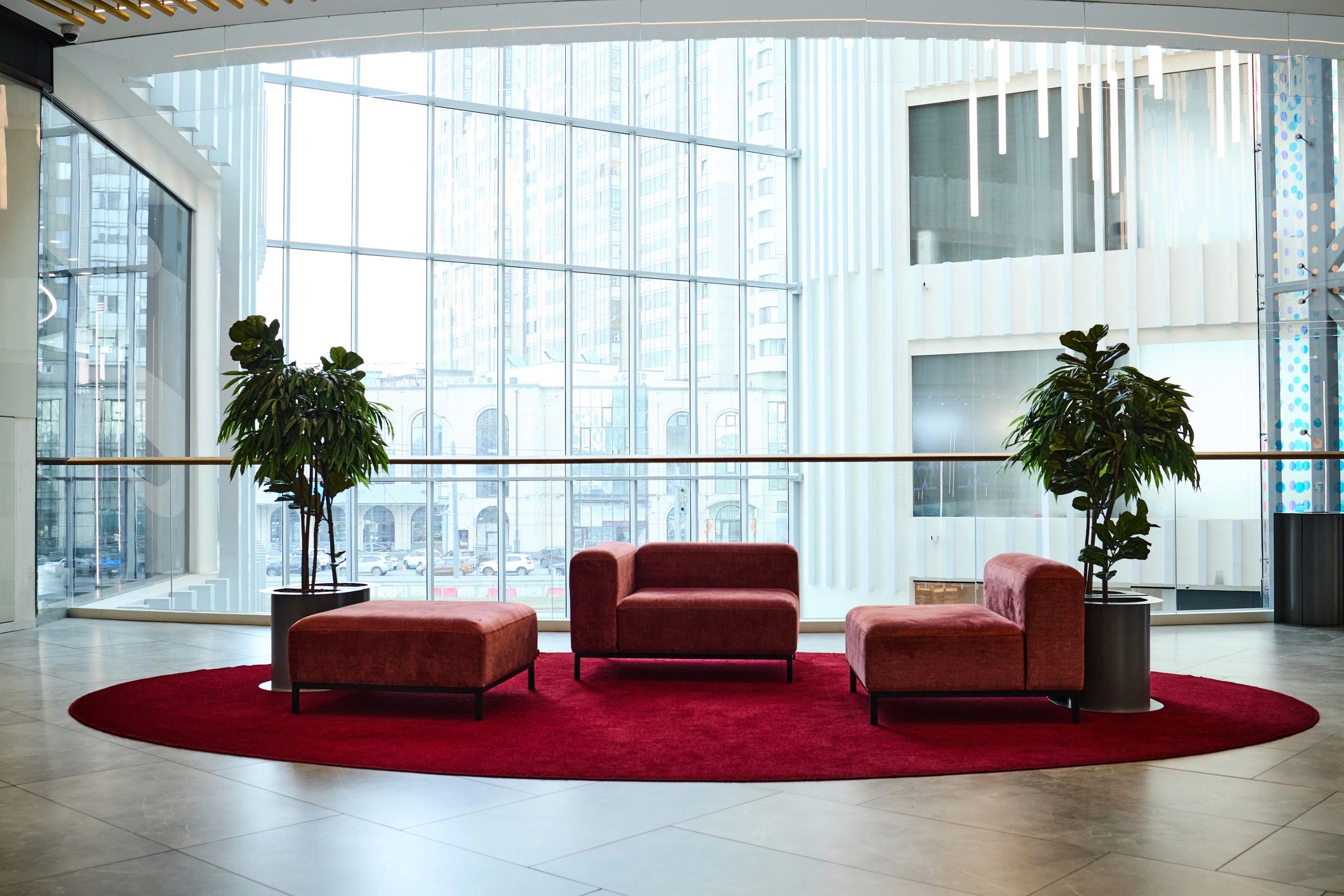 Modern office lobby with lounge seating and plants