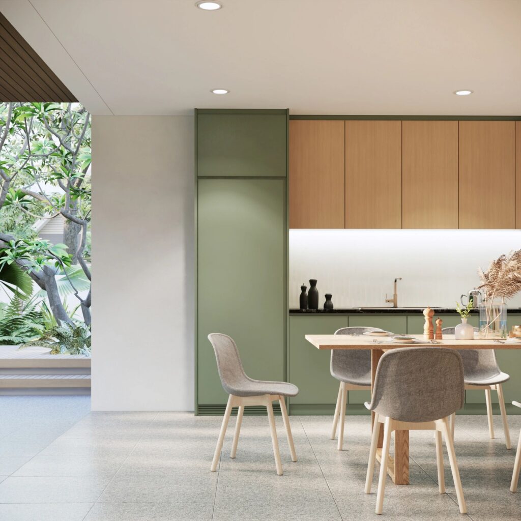 Japandi kitchen dining interior with clean lines and natural textures