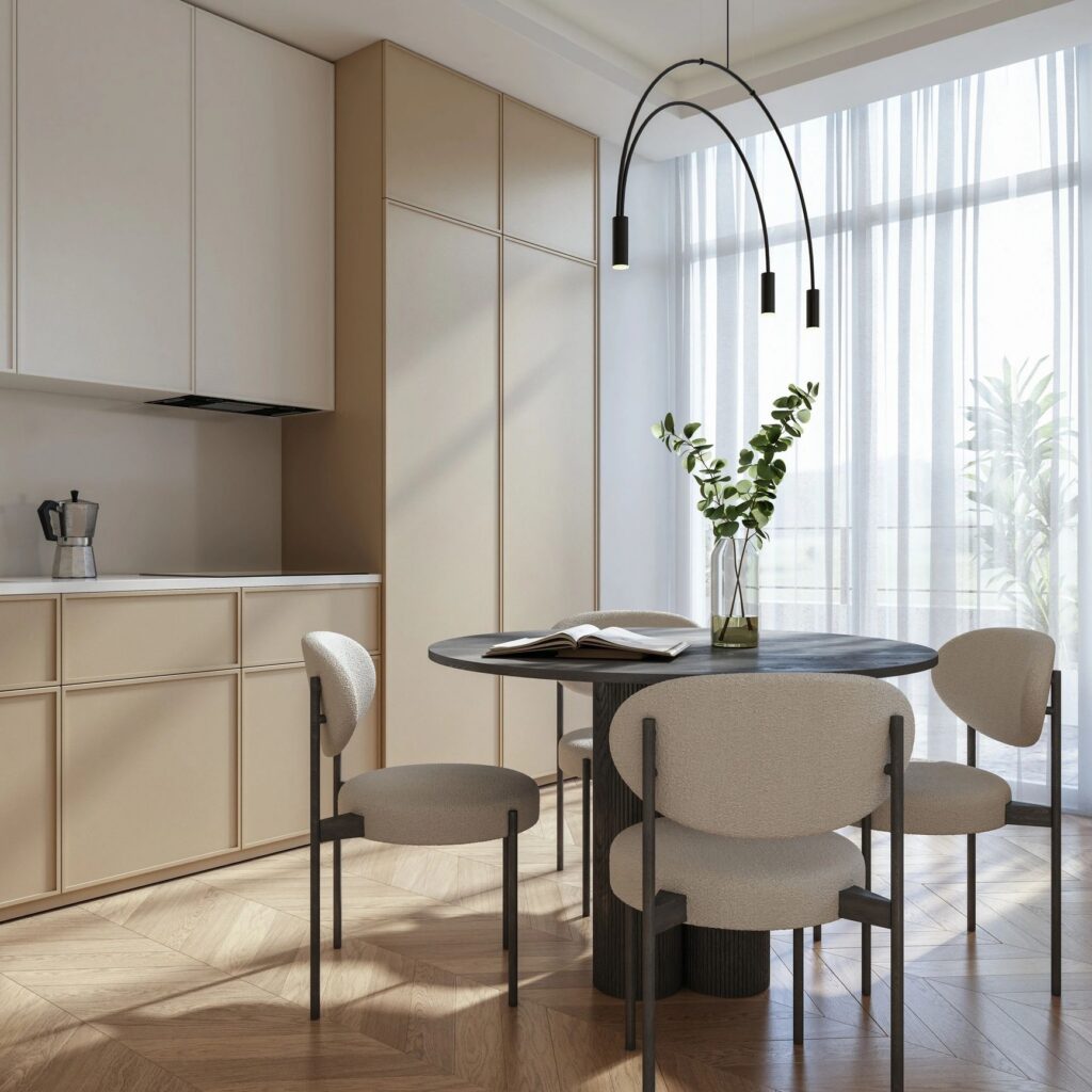 Elegant kitchen with black white and beige palette in a polished modern style
