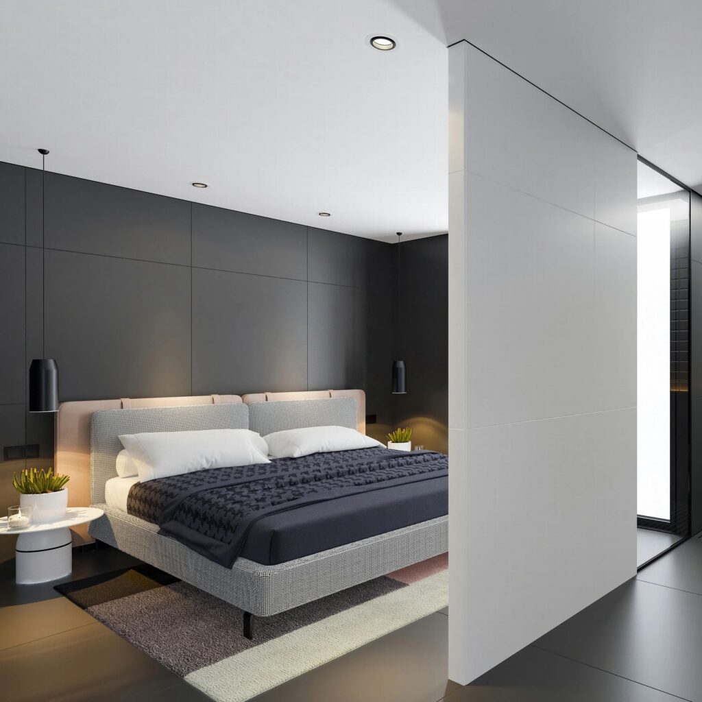 Minimalist suite bedroom with dramatic contrast and boutique polish